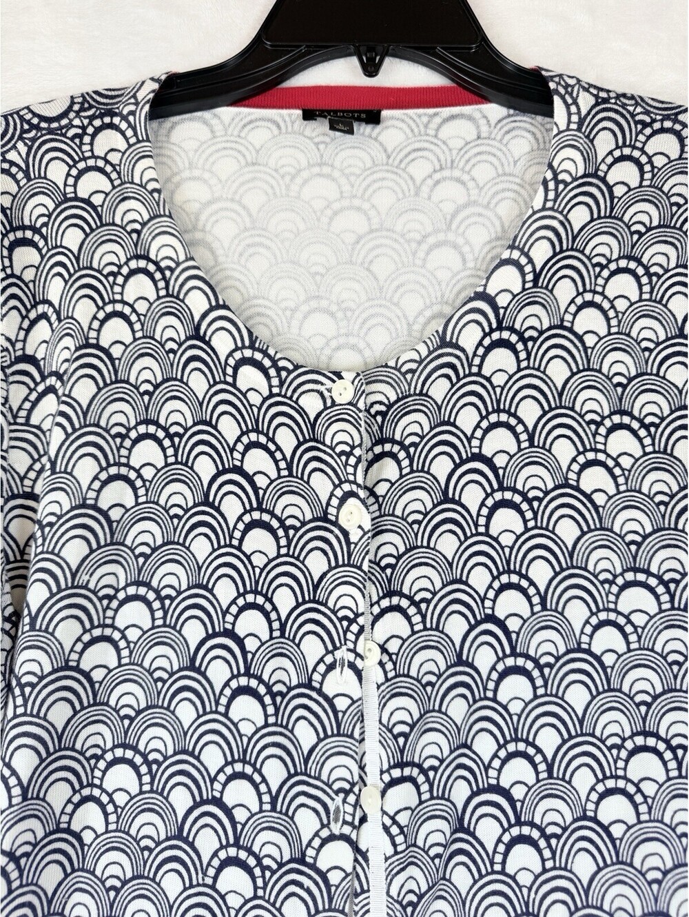 Talbots Cardigan Sweater Large White Blue Womens Button Front